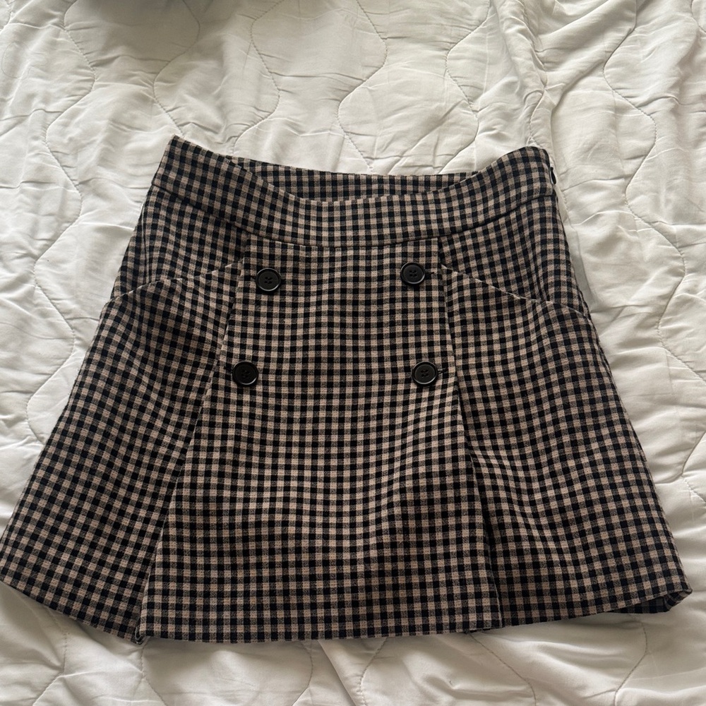 Checked Double-Button Mini Skirt in Black and Tan